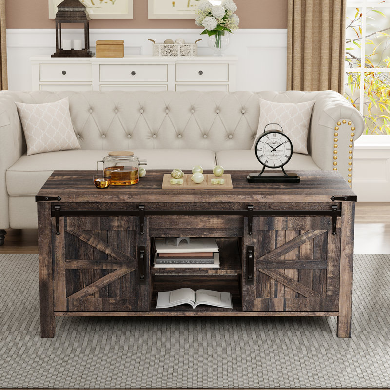 48"W Farmhouse Lift Top Storage Coffee Table with Sliding Barn Door & Adjustable Shelf, Dark Rustic Oak