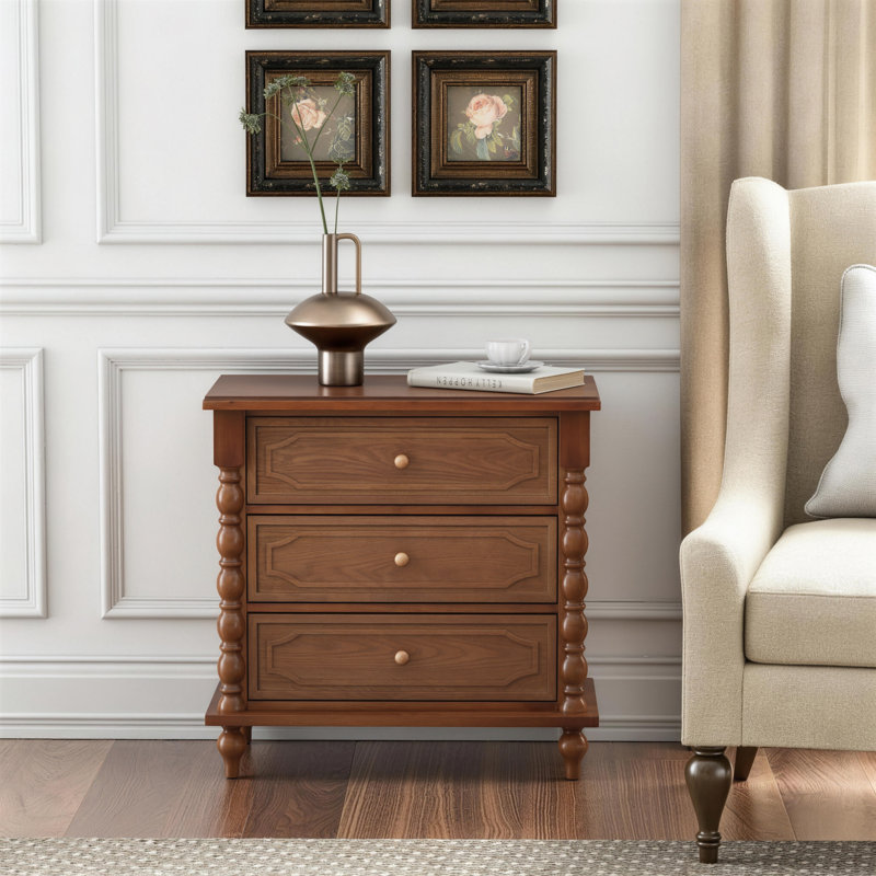 French Country Farmhouse 3 Drawer Chests Nightstand with Turned Legs
