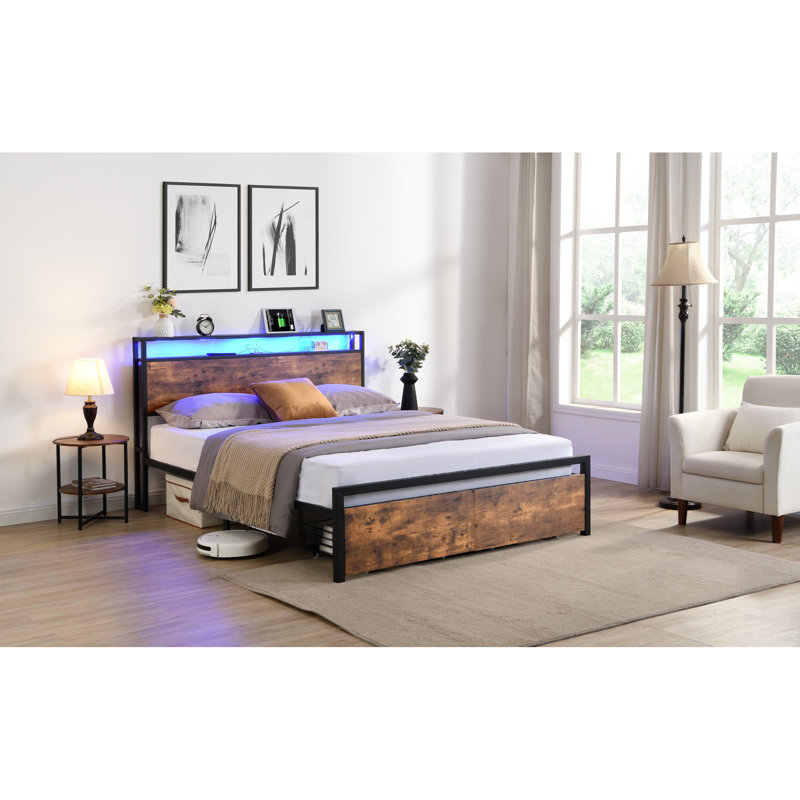 Queen Size Bed With Storage And , Rustic Look, Metal Platform, Noise- Frame Lights, Construction, Easy Assembly, Queen