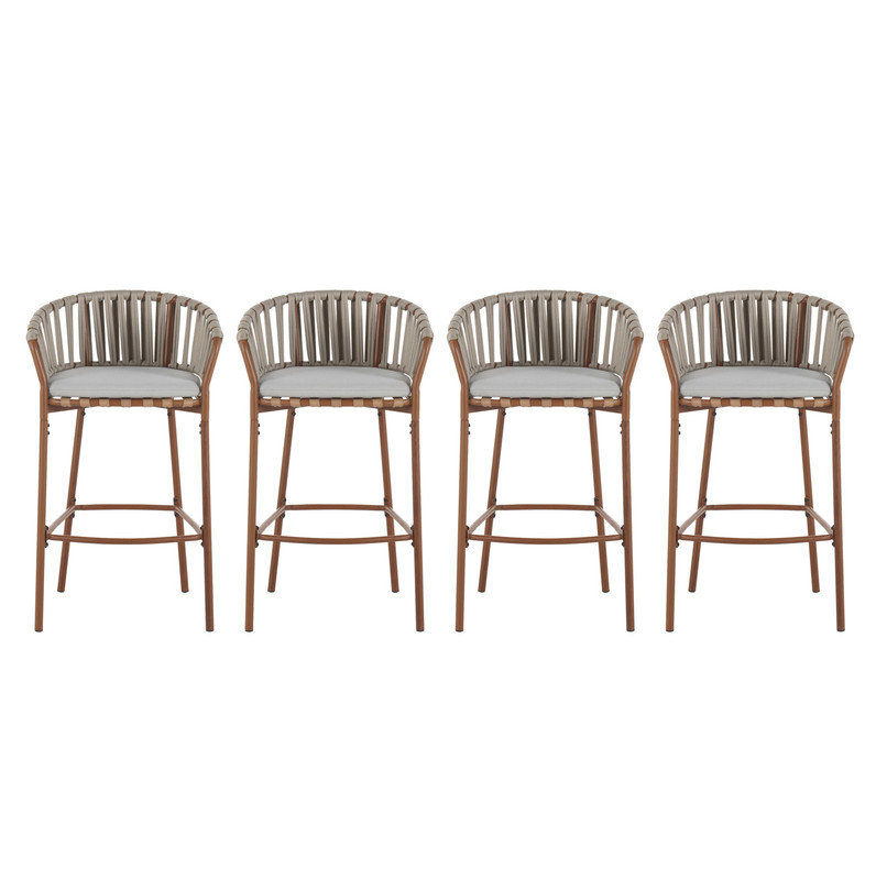 Ensemble de 4 tabourets de bar d'extérieur en corde de métal, structure en teck avec coussins beiges, collection de tabourets de patio résistants aux intempéries