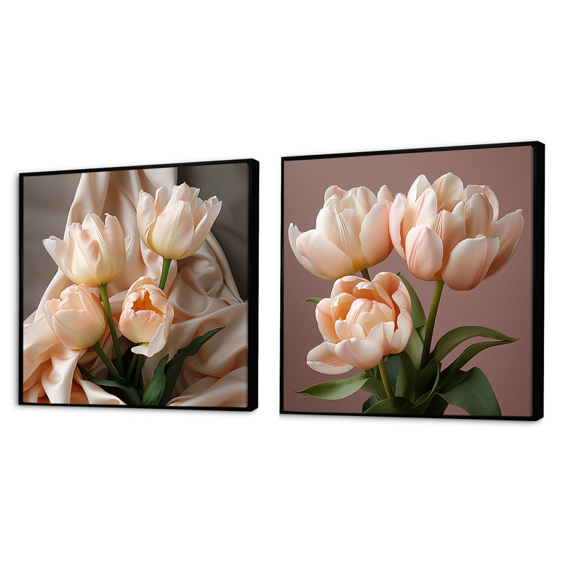 «Soft Neutral Tones Tulips Tranquility» 2 pièces, Cadre flottant noir, H 16 po x l 33 po