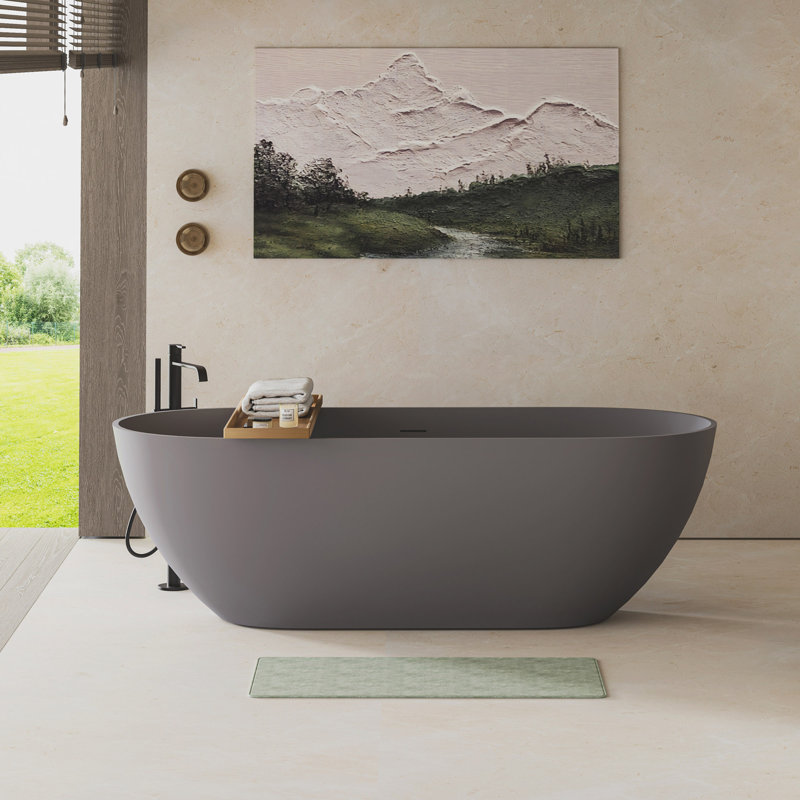 Baignoire de trempage autoportante en résine de pierre 63 po avec trop-plein et drain escamotable 63 po pour salle de bain contemporaine