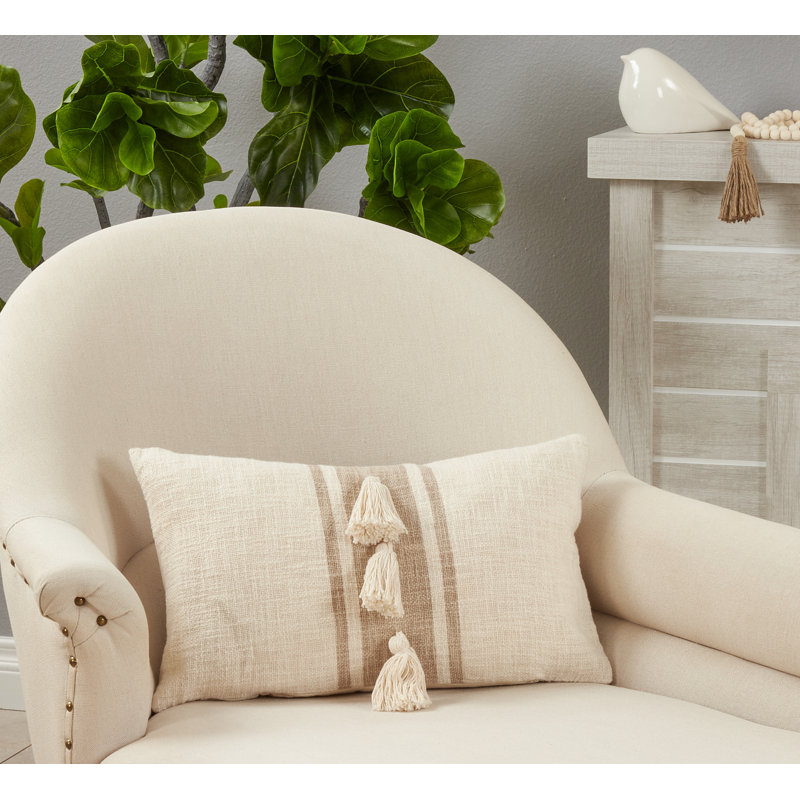 Natural Cotton Striped Tassel Throw Pillow