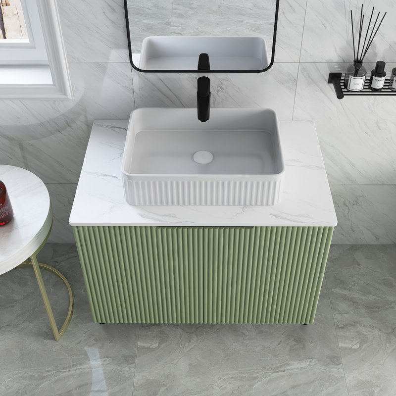 Meuble-lavabo autoportant simple l 30 po x P 19 po x H 35 po vert clair avec plateau fritté blanc