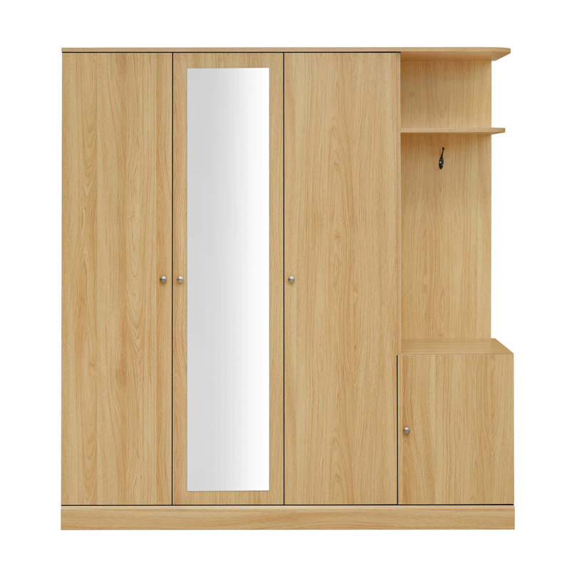 Armoire 4 portes avec tablettes, tiroirs et miroir pleine grandeur, Naturel
