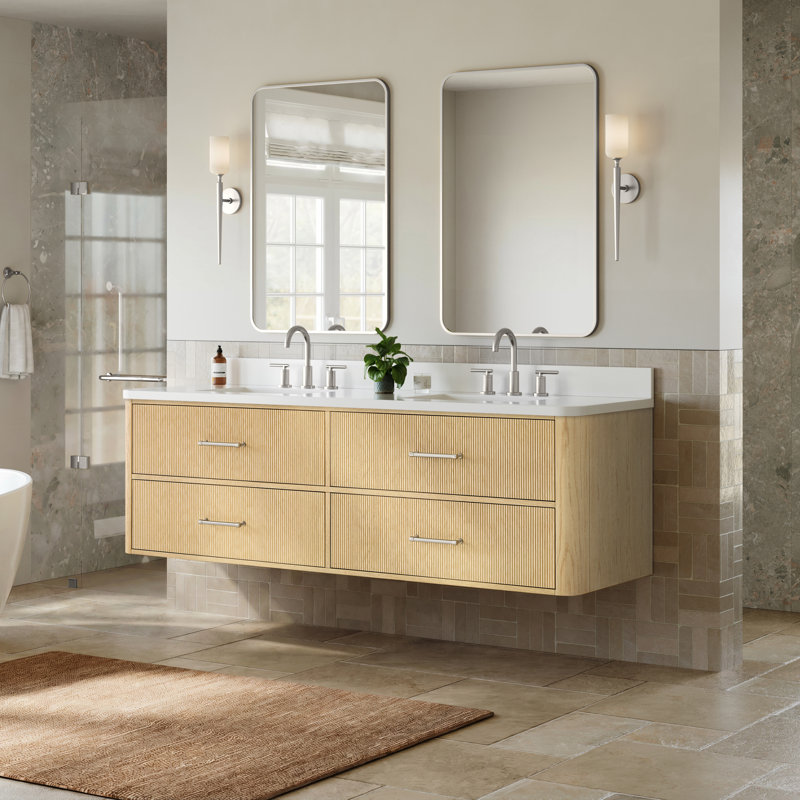 Meuble-lavabo mural double 72 po en chêne scandinave Francesca, Beige, Nickel brossé