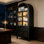 Grande armoire de rangement arquée en bois 71 po avec portes en verre trempé, tiroir, tablettes réglables et éclairage DEL de 71 po