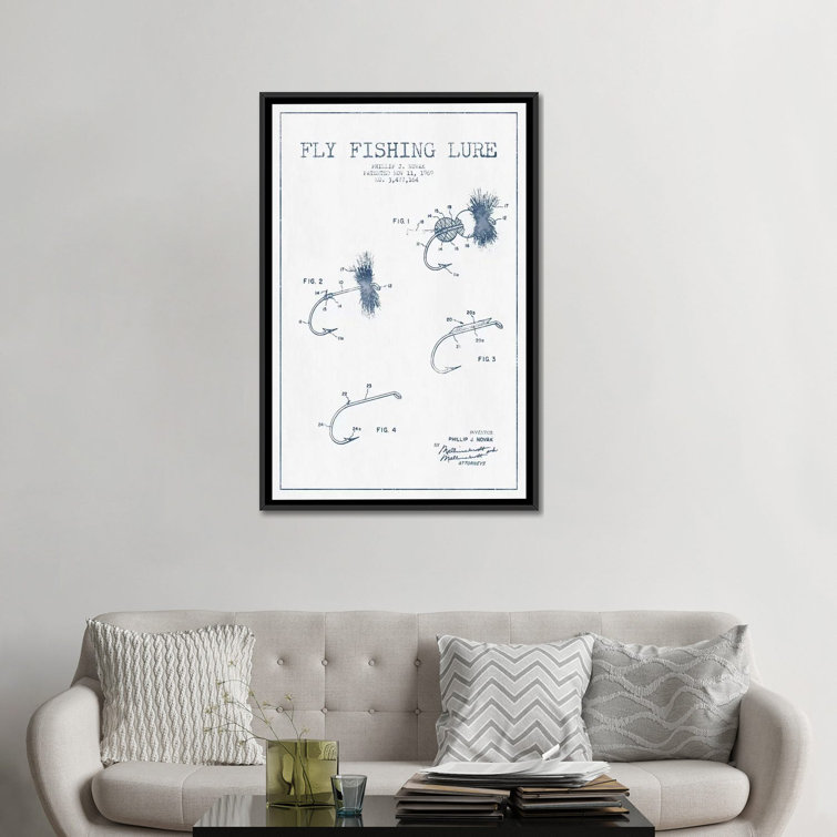 Ink 'P.J. Novak Fly Fishing Lure Patent Sketch' Graphic Art Print On Canvas in White/Blue East Urban Home Size: 26 H x 18 W x 1.5 D, Format: Black