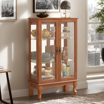  44" Lighted Curio Cabinet, 3-Tier Glass Display Cabinet with Glass Doors & Adjustable Shelves, Mirrored Back Panel, Light Blub Included, Vintage China Cabinet for Living Room, Kitchen