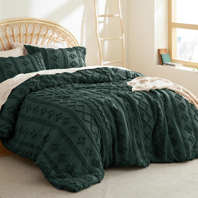 Ensemble d'édredon pour lit très grand Boho - 3 pièces vert foncé Shabby Bedding