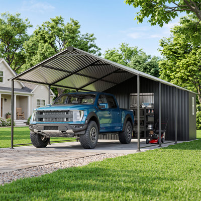 12 ft. W x 25 ft. D Metal Storage Shed and Carport Combo with Sliding Door, Window and Entry Ramp