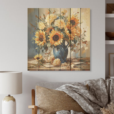 Bouquet de tournesols rétro nature morte - tournesols, art sur bois de pin naturel