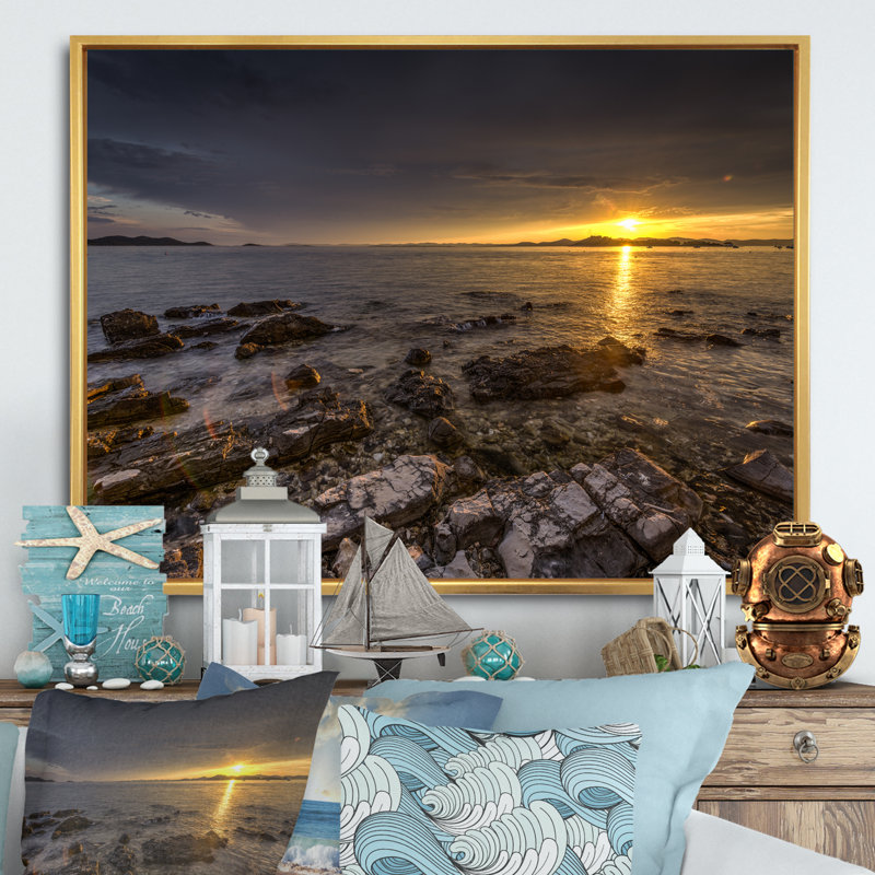 «Orange Sunset Over The Sea II», reproduction d'art sur toile encadrée, H 12 po x l 20 po x P 1 po, Cadre flottant doré