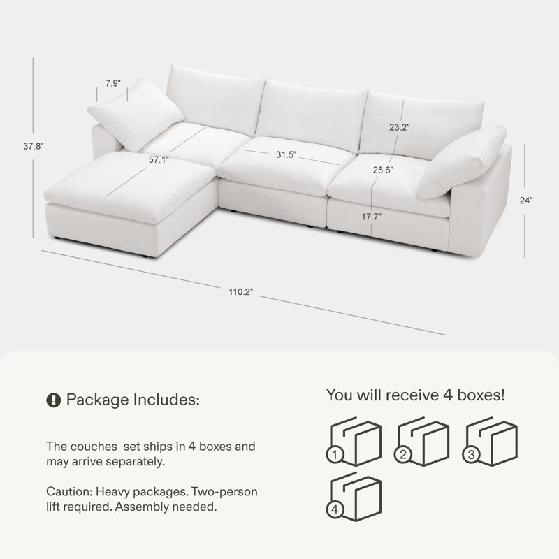 113" Comfy Cloud Couch Modular Sectional Sofa For Living Room, Modern Sofa Sleeper, Wide & Deep Couches With Storage Ottoman