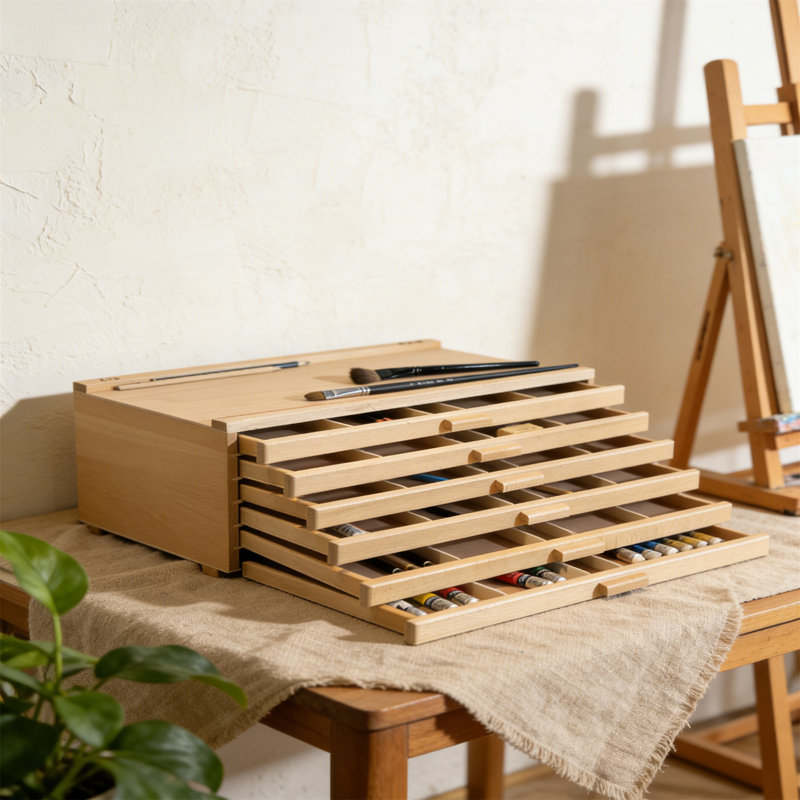 6-Drawer Art Supply Storage Box, Portable Beech Wood Organizer With Removable Dividers For Brushes, Pastels, Markers & Art Tools