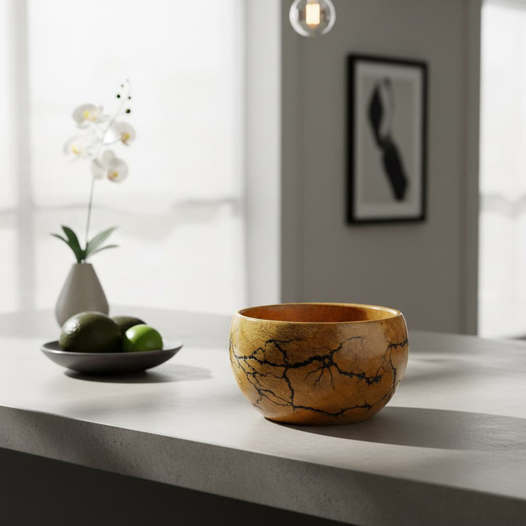 6" Fractal Burn Mango Wood Decorative Bowl, Key & Jewelry Storage for Home