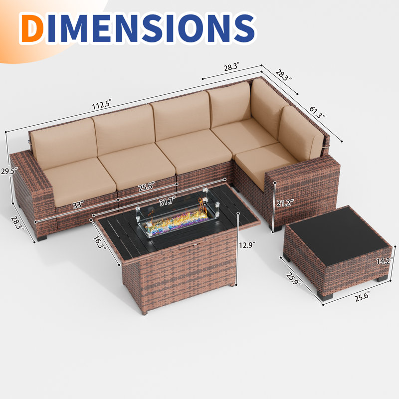 5 - Person Outdoor Rattan Sectional Seating Group with Fire Pit, Beige Cushion/Brown Frame