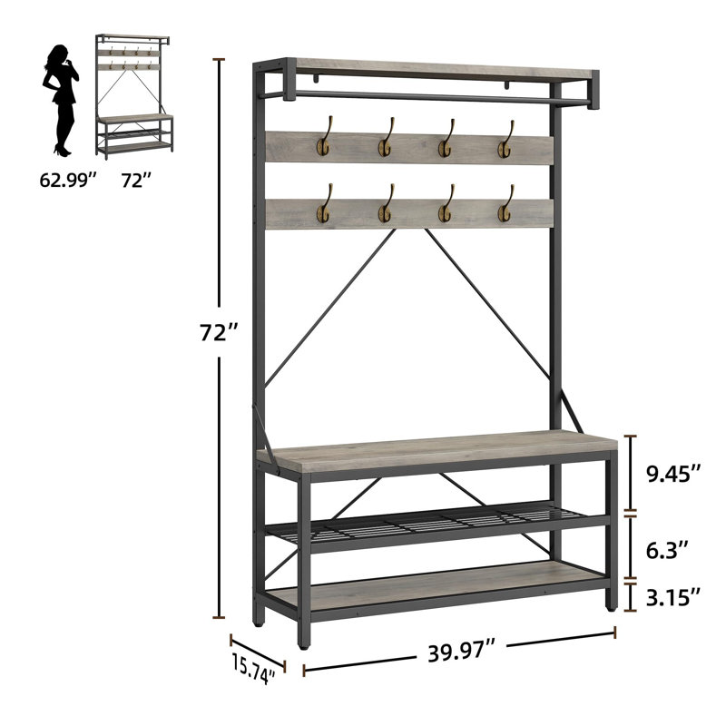 Hall Tree With Storage Bench Coat Rack Shoe Bench 4-In-1