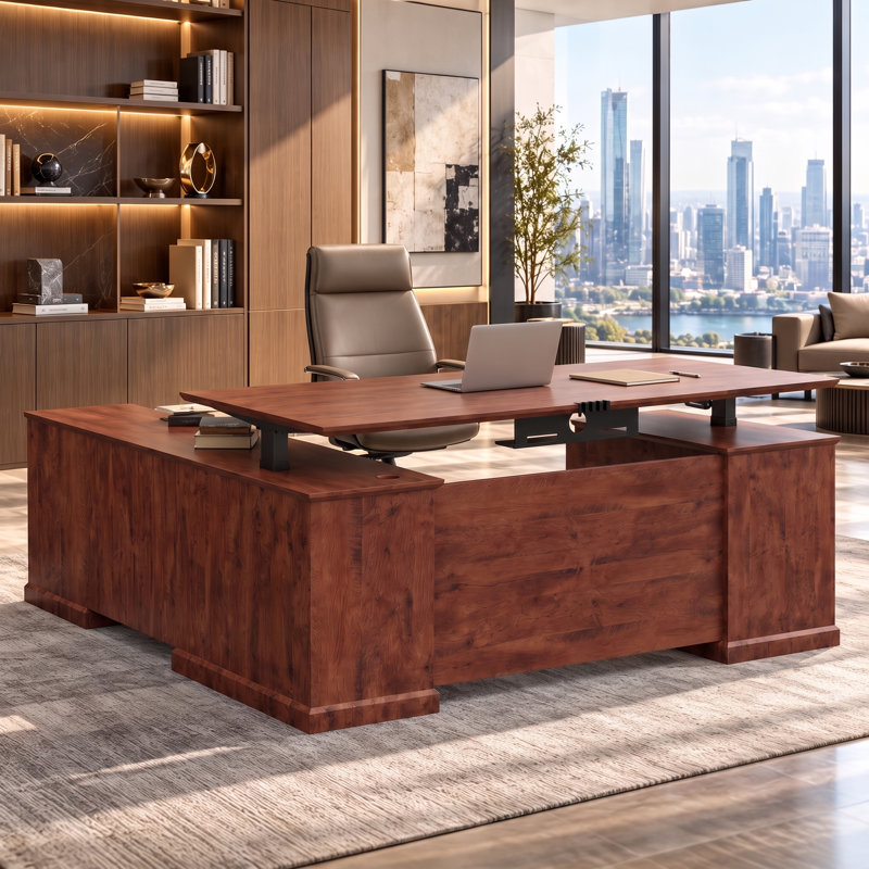 Bureau de direction électrique assis-debout en forme de L de 180 cm avec tiroirs, prises électriques intégrées et hauteur réglable.