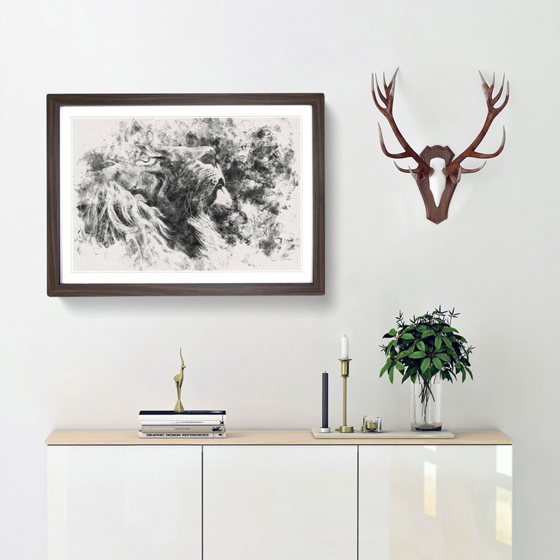 Majestic Lion Illustration Watercolour - Picture Frame Graphic Art Print, Walnut Framed, 45cm H x 63cm W x 2cm D