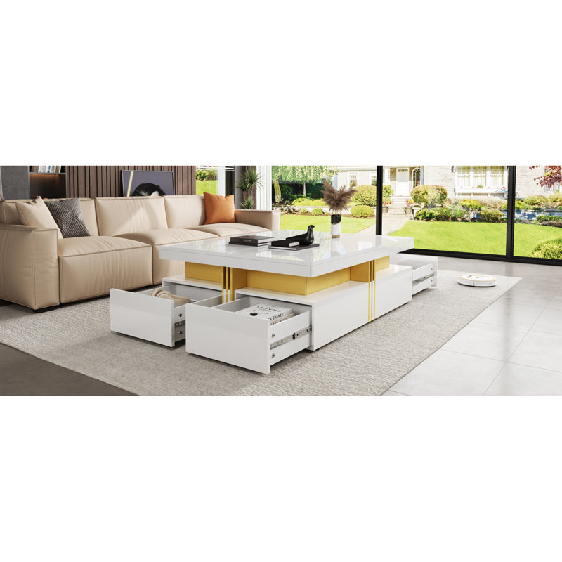 Table basse moderne carrée avec 4 tiroirs, Blanc
