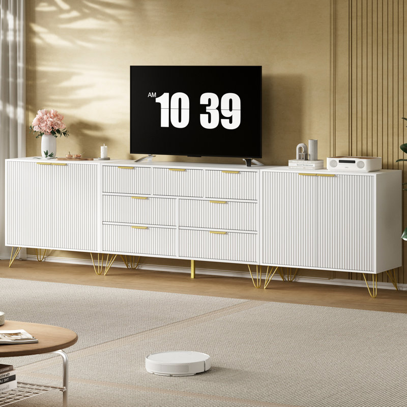 3-in-1 Modern White Tv Stand For Tvs Up To 85" With 7 Drawers & 4 Storage Compartments, White