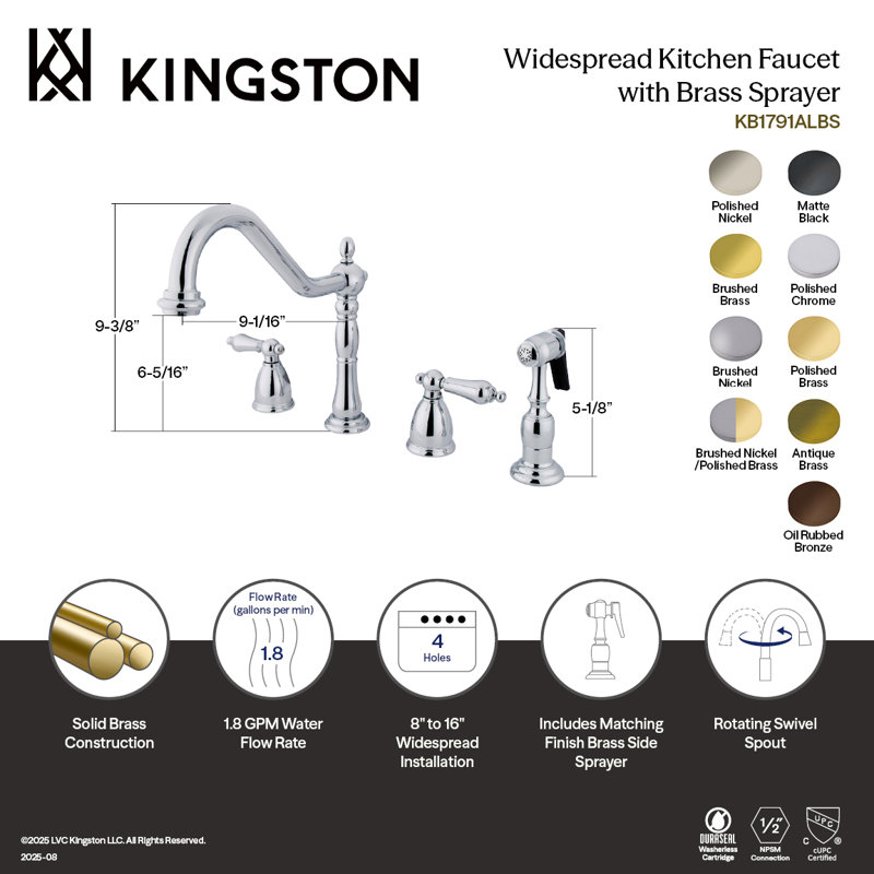 Kingston Brass Heritage Double-Handle Widespread Kitchen Faucet, With Spray, Vintage Brass, Lever