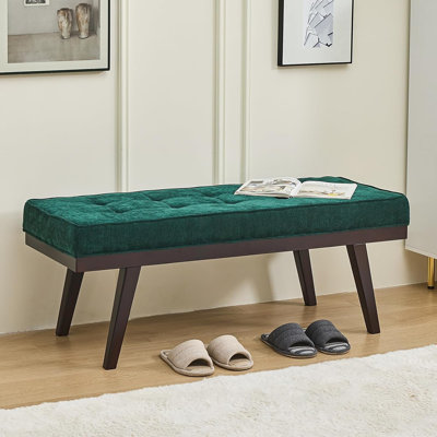 Banc d'entrée, banc de bout de lit 47,2 po, bancs en chenille pour banc de repose-pieds avec siège rembourré, banc intérieur rembourré et capitonné avec pieds en bois d'hévéa pour le salon, le vestibule, le couloir, vert