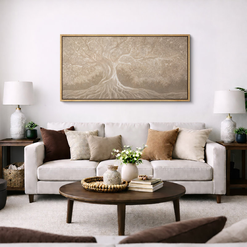 Neutral Beige Tree with Flowing Roots and Branches - Extra Large Pictures Framed Canvas Print 3 Pieces Wall Art