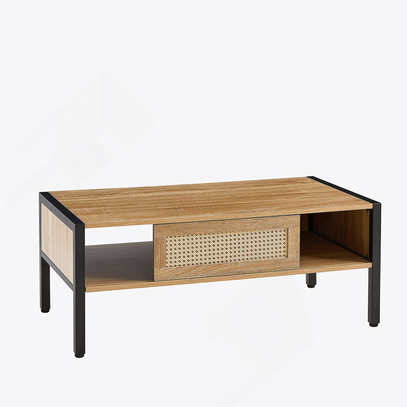 Rattan Coffee Table, Sliding Door For Storage, Metal Legs For Living Room, Natural, Black