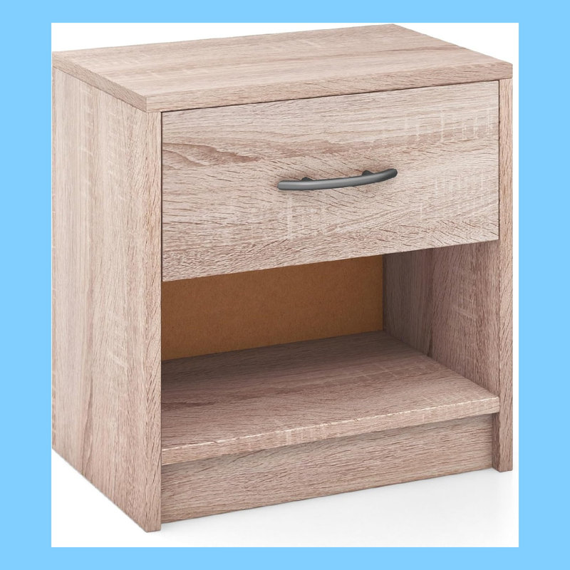 Rustic Wood Nightstand With Drawer And Open Shelf, Farmhouse Bedside Table Light Oak