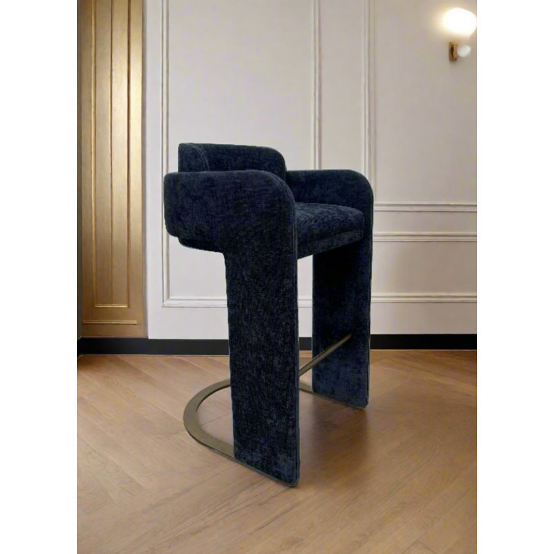 Tryphosa Upholstered Stool with Backrest, Footrest, and Sculptural Metal Base – Modern Luxury Counter Seating, Blue