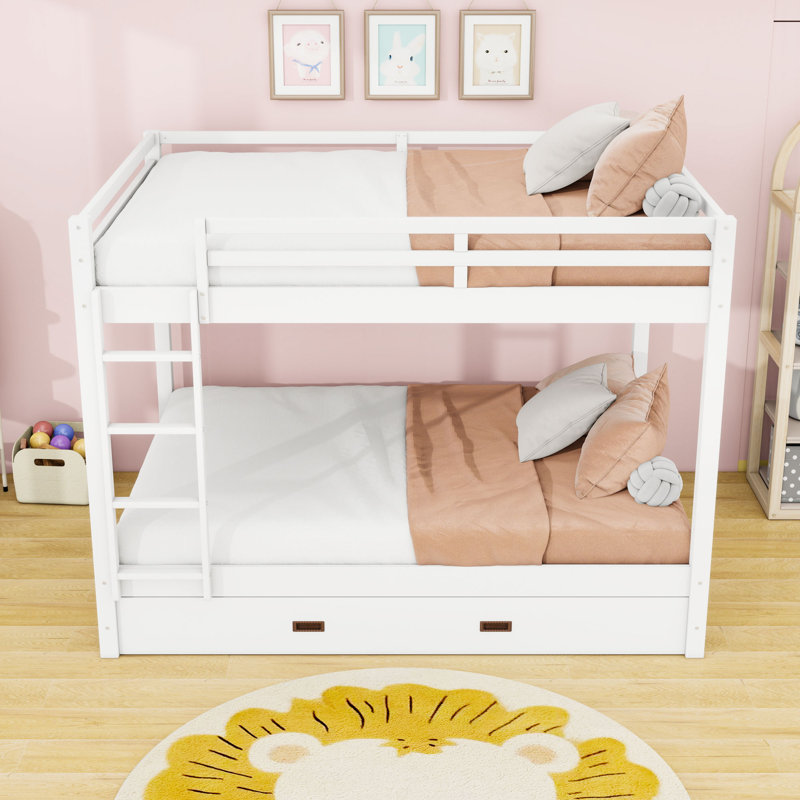 Queen Wood Bunk Bed With Trundle, White