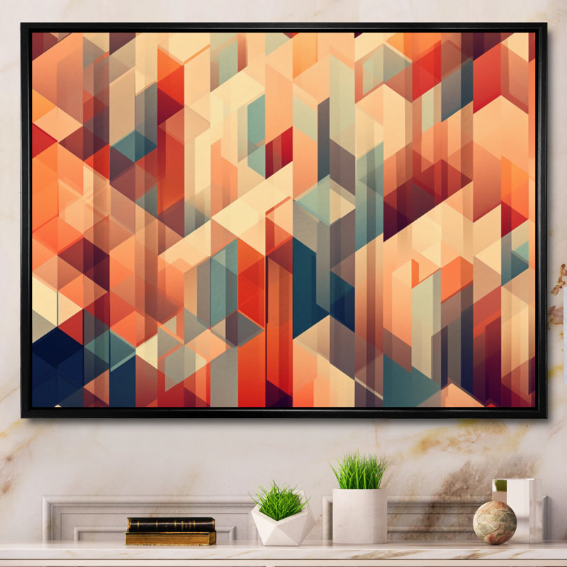 «Orange and Blue Geometric Abstractions II», reproduction sur toile, Cadre flottant noir, H 16 po x l 32 po x P 1 po