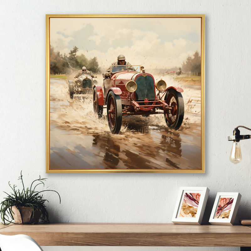 «Red Car 1930 Race Car Tracks I», art mural rouge, Cadre flottant doré, H 16 po x l 16 po