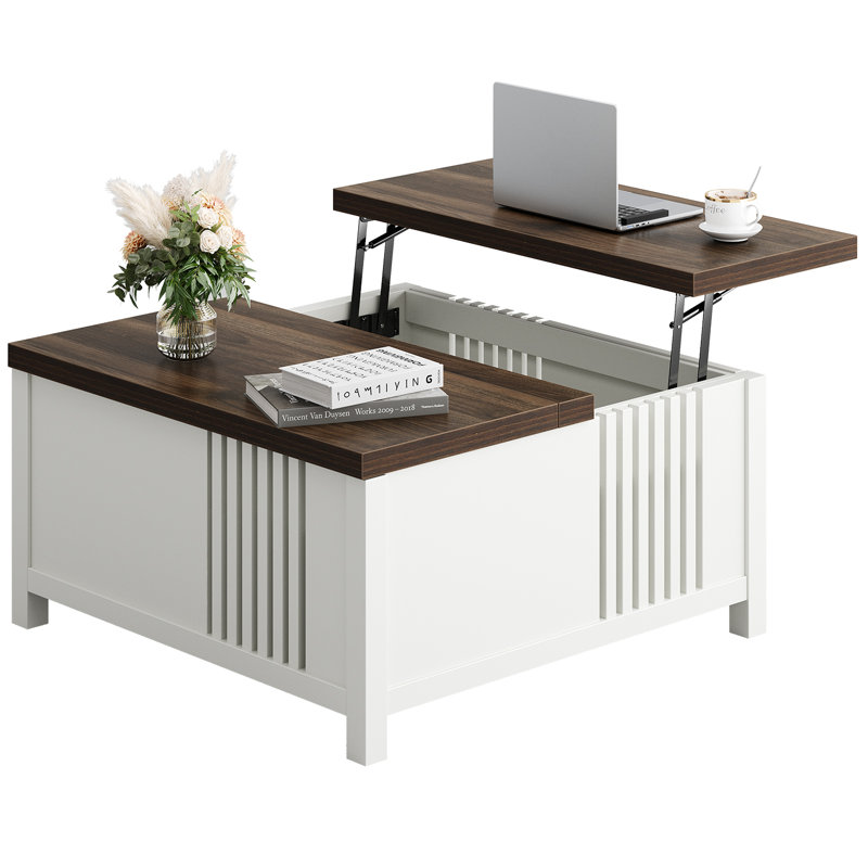 Table basse Farmhouse, Plateau en bois brun foncé/Socle blanc