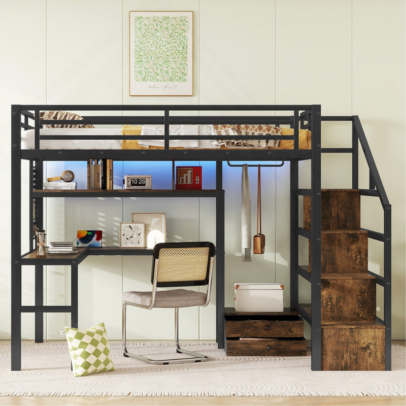 Lit mezzanine double avec lumière DEL et station de charge, lit mezzanine en métal avec bureau et escalier, lit mezzanine avec garde-robe