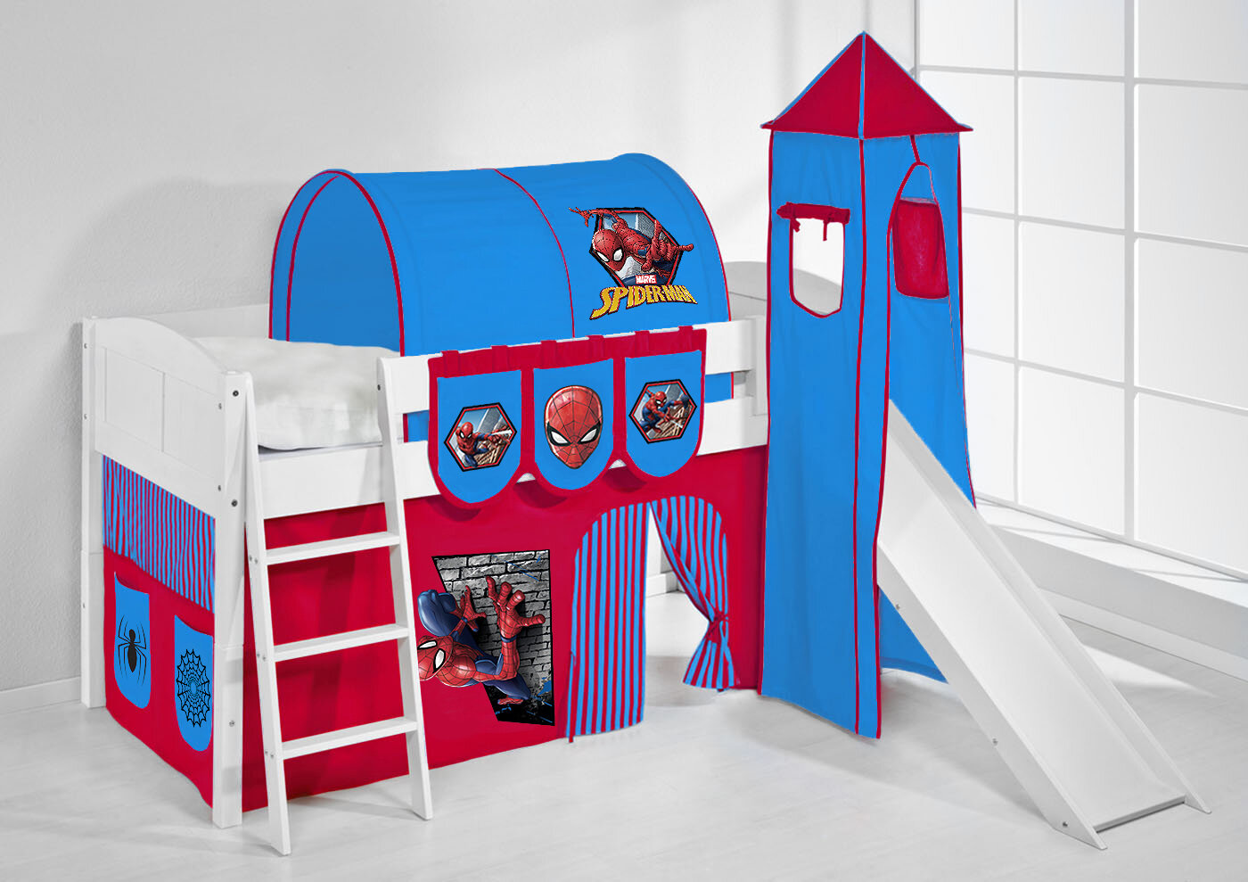 Roomie Kidz Hochbett Spiderman mit Vorhang und Rutsche, 90x200 cm |  Wayfair.de