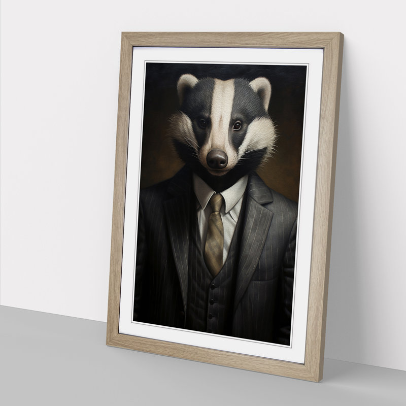 Badger In A Suit No.2 - Single Picture Frame Print on Wood, 34cm H x 25cm W x 2cm D, Oak