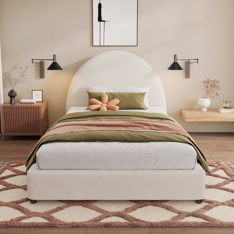 Structure de lit simple avec tête de lit arrondie rembourrée Boucle, blanc