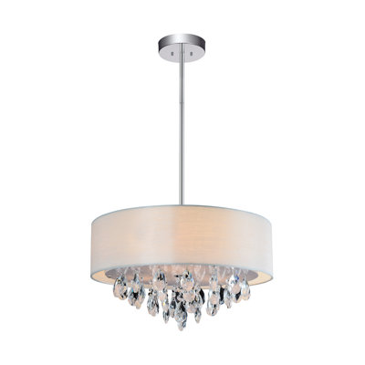 14'' 3-Light Drum Shade Chandelier with Chrome Finish and Off-White Fabric Shade – For Dining Room, Bedroom, Entryway – LED Compatible – Clear Crystals, Elegant Ambient Lighting