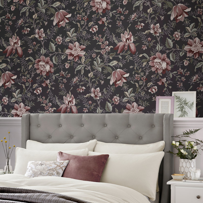 Faded Glamour - Papier peint floral pour chambre, Gris anthracite