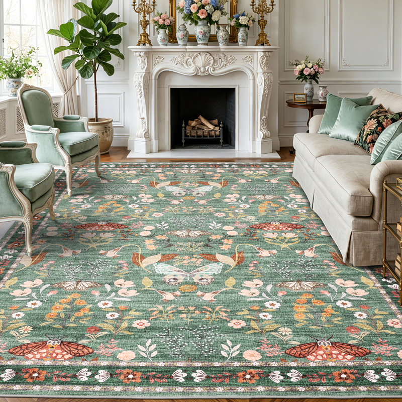 5x7 Washable Area Rug, Non-Slip Low Pile Rug with Butterfly Floral, Stain Resistance Carpet for Living Room, Bedroom, Dining Room, Light Green