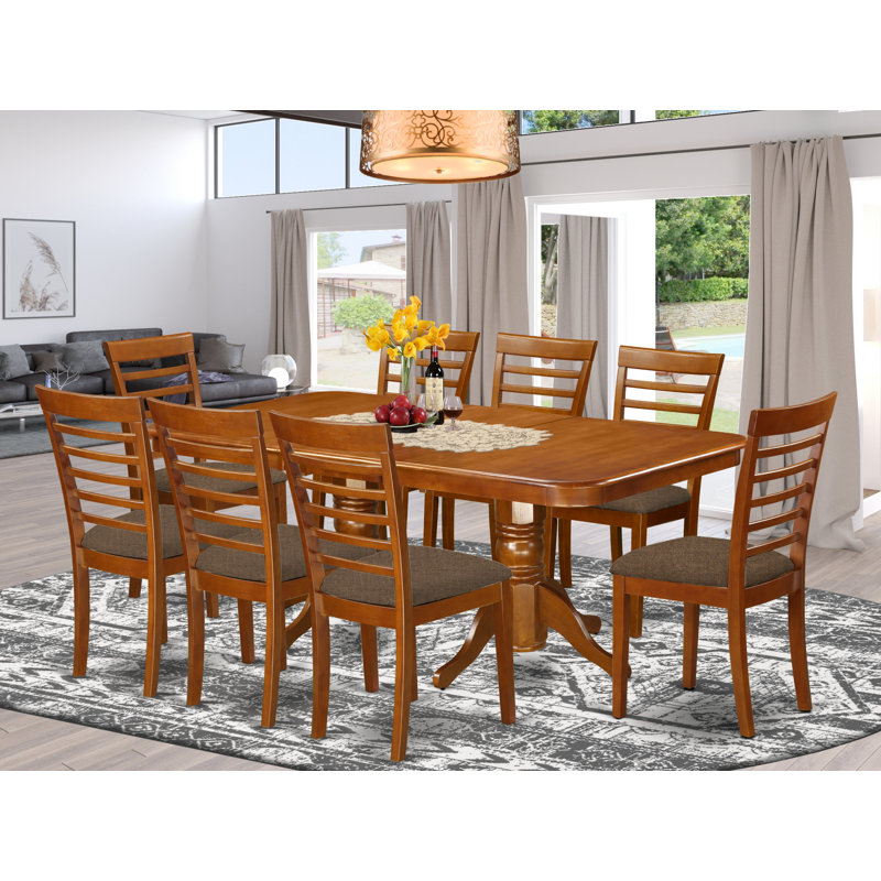 9 Piece Dining Room Furniture Set Includes a Rectangle Kitchen Table with Butterfly Leaf and 8 Linen Fabric Chairs, Saddle Brown
