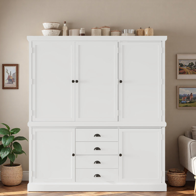 Garde-manger autoportant en bois avec armoires, tablettes de porte, tablettes réglables et tiroirs, Blanc