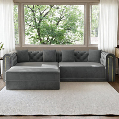 Canapé-lit 90,6 po convertible 3-en-1, canapé moderne élégant avec capitonnage à boutons et bordure dorée, canapé 3 places avec repose-pieds mobile pour salon, appartement, bureau, chambre à coucher