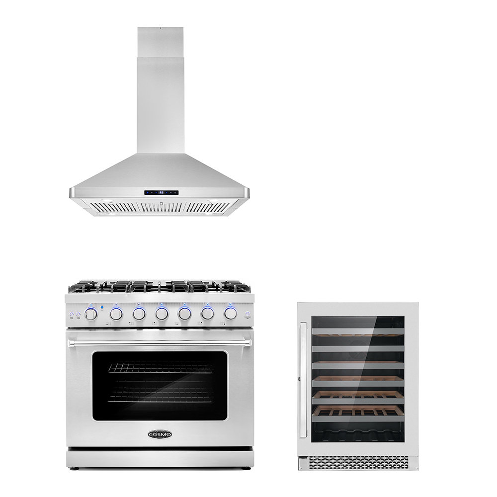 Cosmo 3 Piece Kitchen Appliance Package with 36'' Gas Freestanding Range , Island Range Hood , and Wine Refrigerator Cosmo