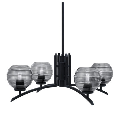 Kurve 4 Light Chandelier Shown In Matte Black Finish With 6" Ribbed Glass