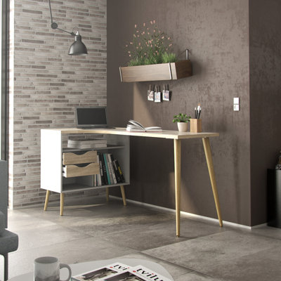 Justus 57.13" L Shaped Writing Desk with Drawer Storage and Shelves