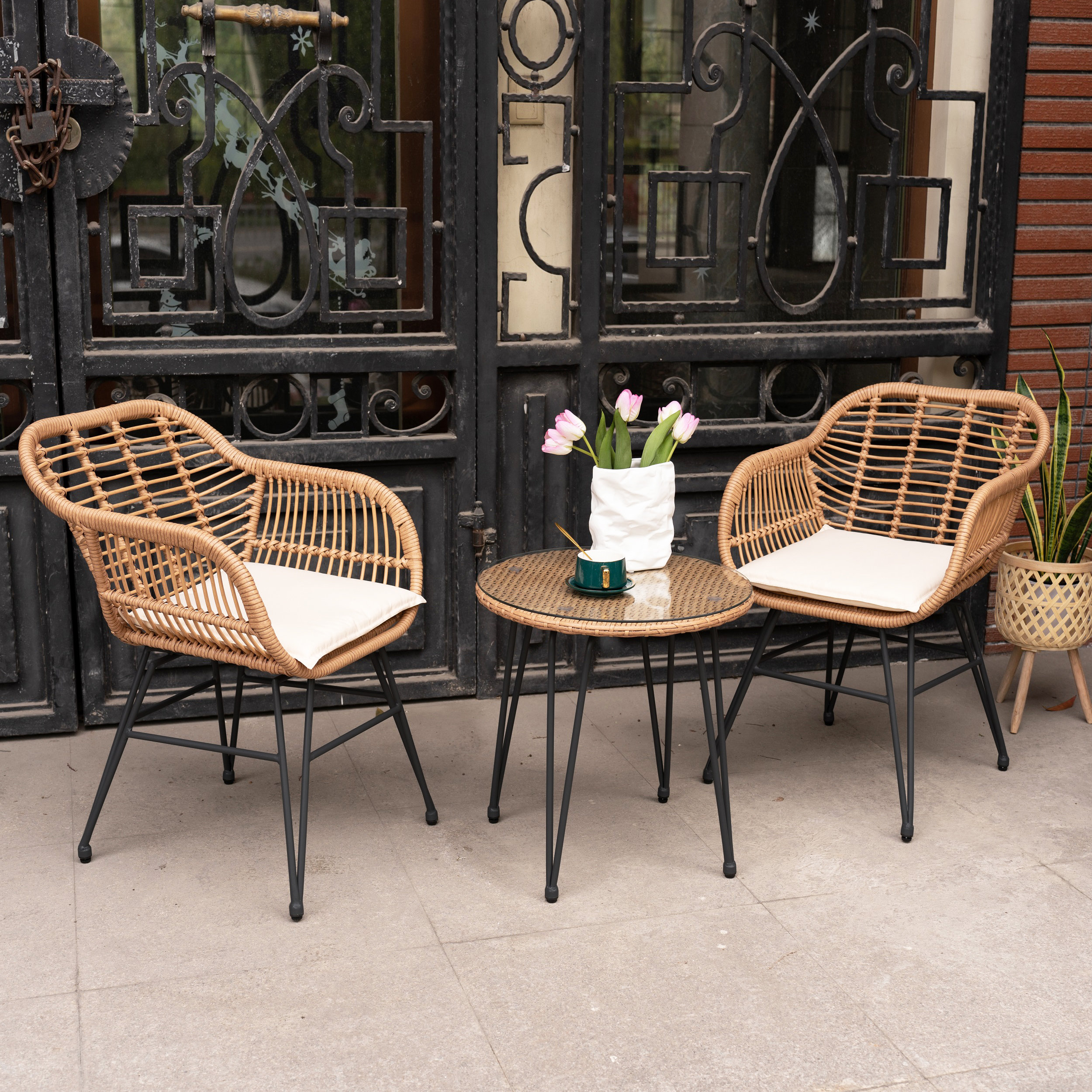 3 Piece Wicker Seating Group - Cushion color: Beige, Frame color: Natural/Black -Bay Isle Home™ Virgie - Wayfair